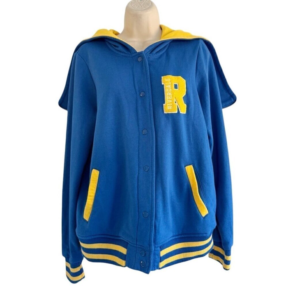 Riverdale Cheerleader Woman’s Sz L Blue & Yellow Varsity Snap Jacket Hoodie